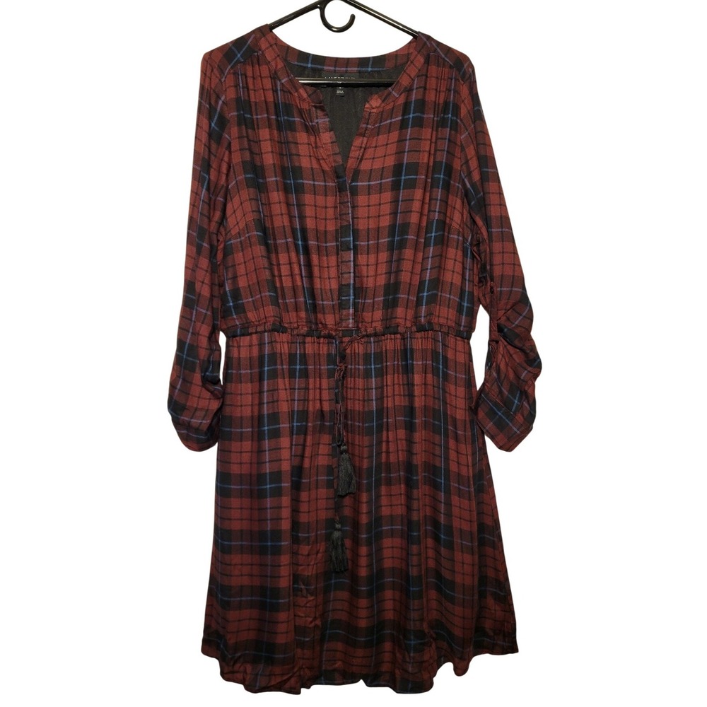 Lane Bryant Women's Red Plaid Tassel Tie Waist‎ Long Sleeve Shirt Dress Size 16